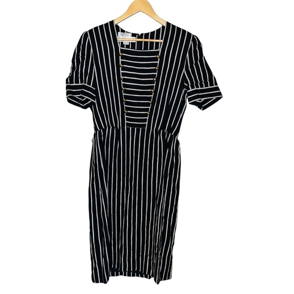 Bergdorf Goodman Adele Simpson vintage midi dress striped black white size 14 - Picture 1 of 7